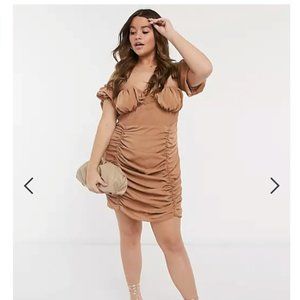 In The Style Plus x Shaughna puff sleeve shirred mini dress in stone size US 18